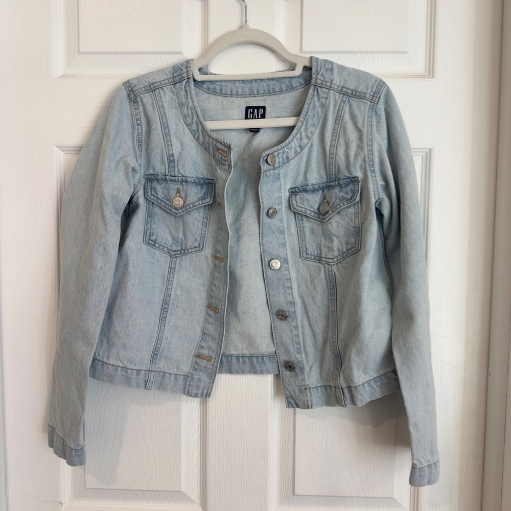 Gap Denim Womens Light Wash Collarless Button Front Jean Jacket Small 1166